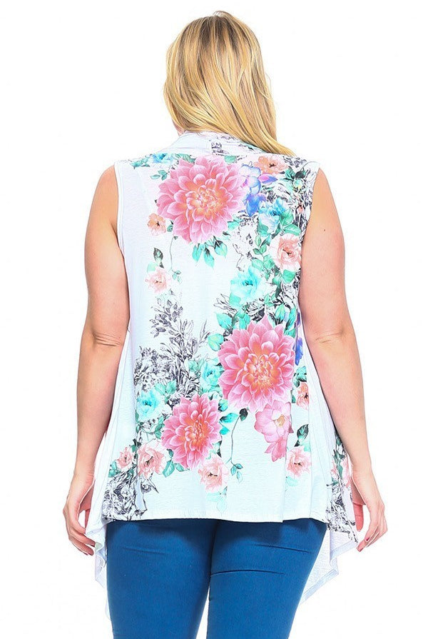 Floral Print, Open Front Vest With An Asymmetric Hem. - BaeDrip