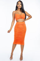 Solid Ruched Spaghetti Strap Tank Top And Midi Skirt Two Piece Set - BaeDrip