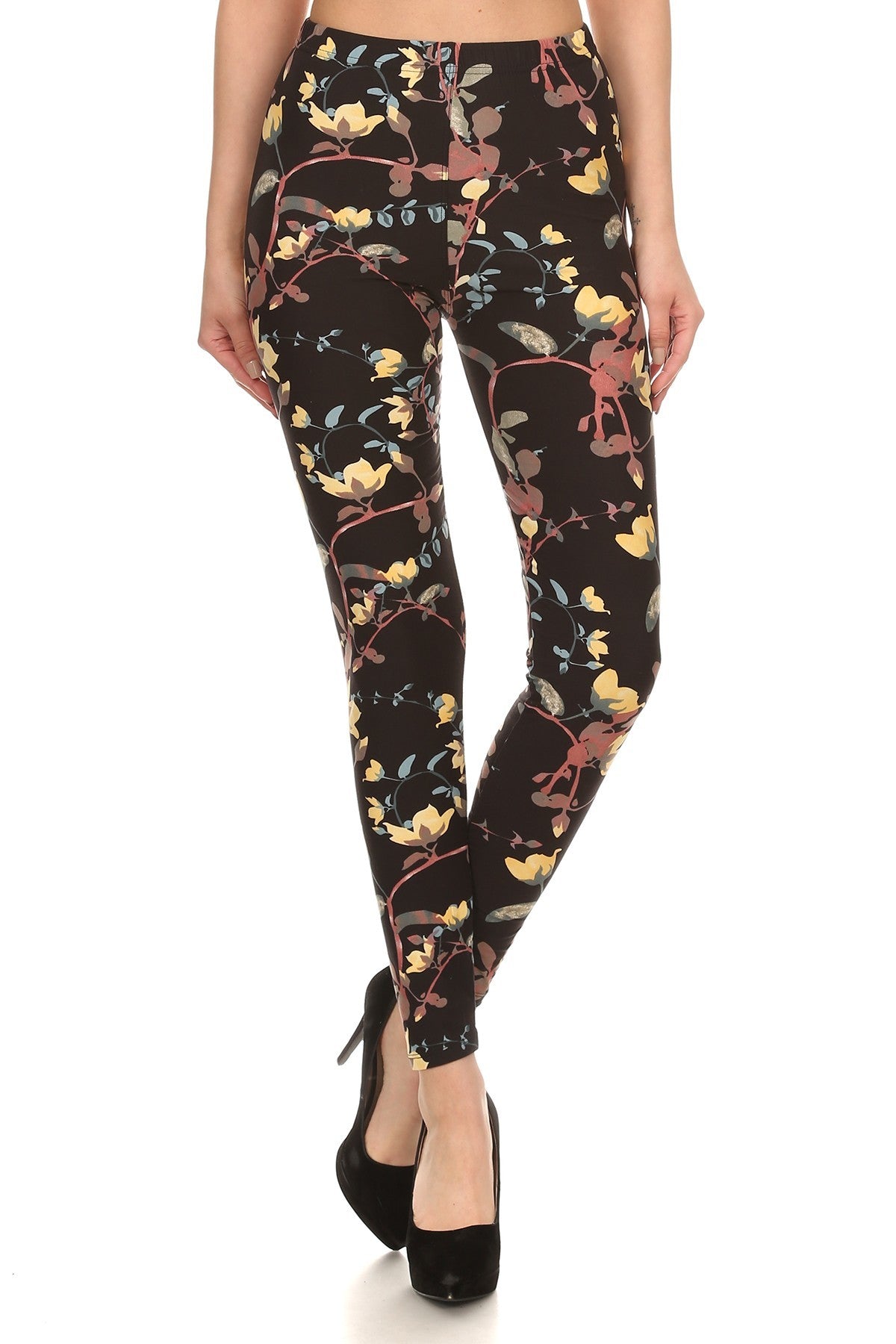 Vine Printed High Waisted Knit Leggings In Skinny Fit With Elastic Waistband - BaeDrip