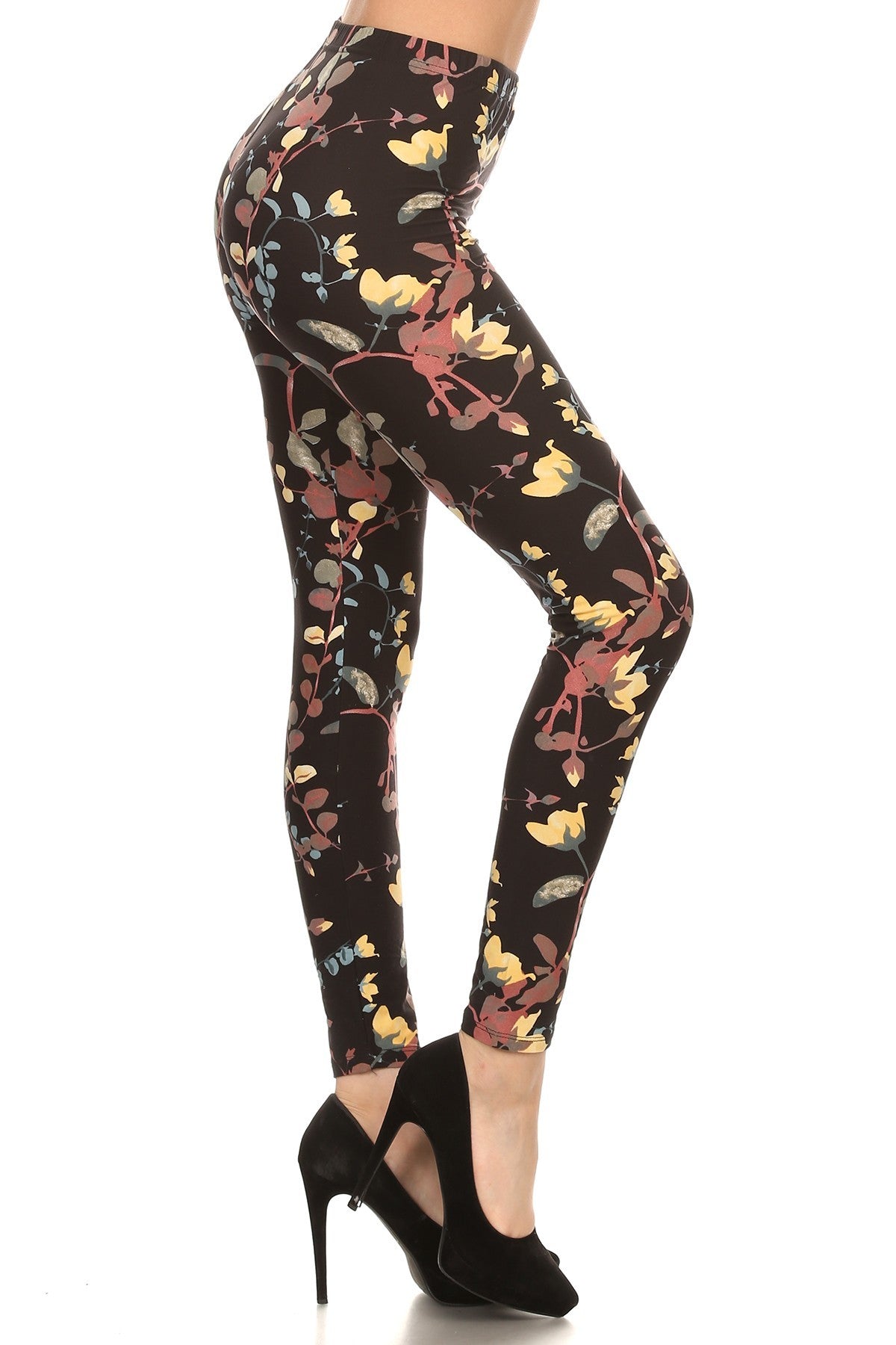 Vine Printed High Waisted Knit Leggings In Skinny Fit With Elastic Waistband - BaeDrip