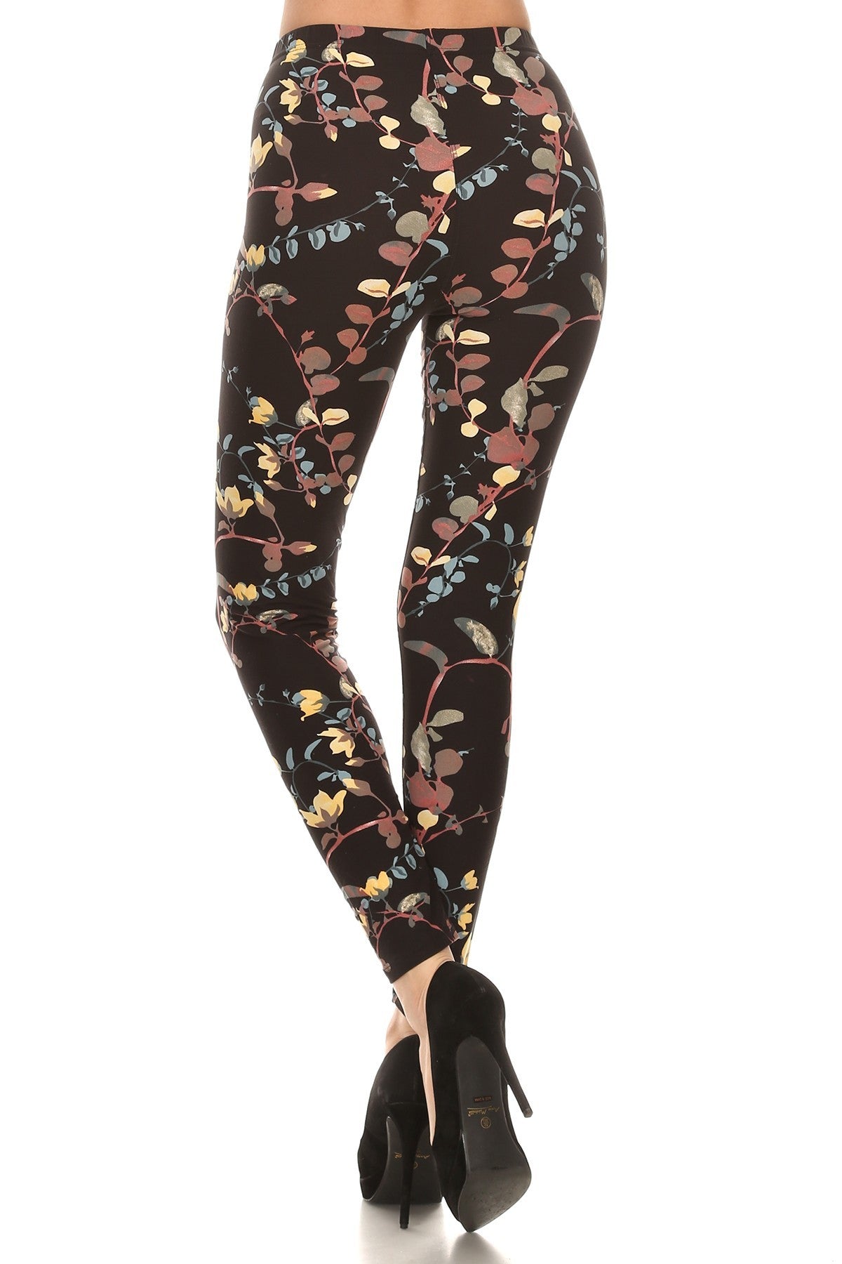 Vine Printed High Waisted Knit Leggings In Skinny Fit With Elastic Waistband - BaeDrip